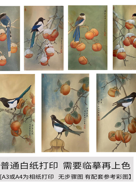国画工笔画打印白描底稿竖幅汪林柿子小鸟初学者临摹勾线过稿上色