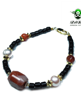 lssp/绿色石品wp1250 不还价 大年份老珠子红碧玉主珠民族风手链