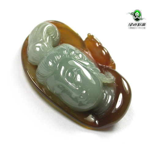 lssp/绿色石品gy9565 不还价 俏色双彩天然翡翠A货雕观音挂坠送证