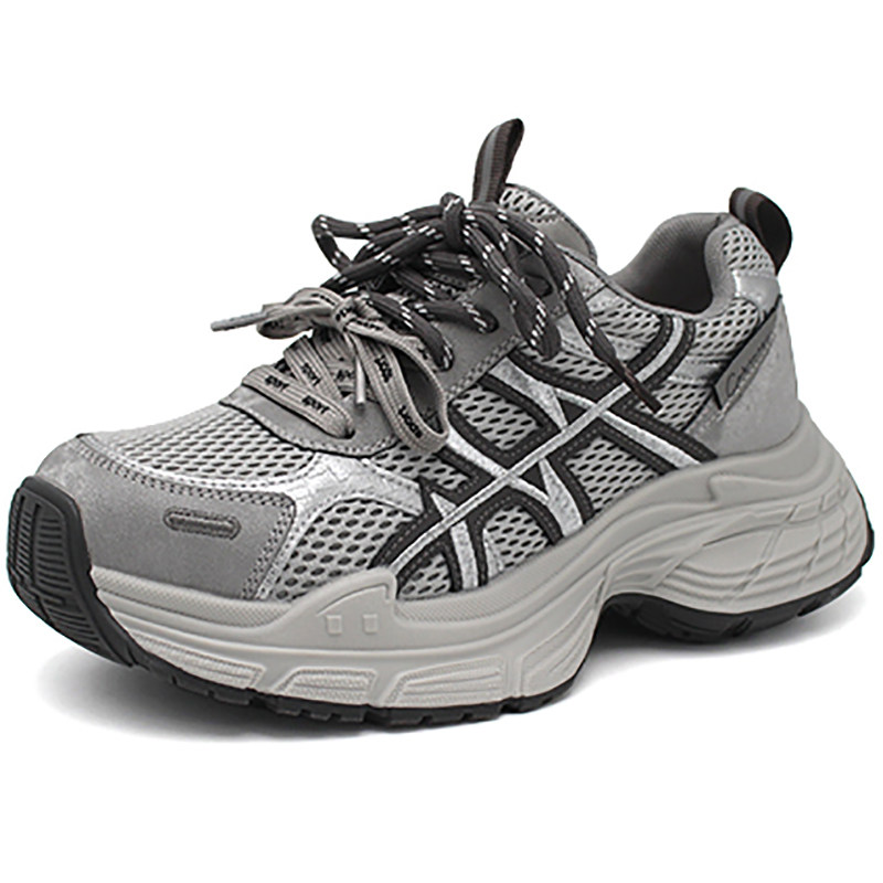 奥康女鞋2026春款休闲系带厚底网面老爹鞋女单鞋9262122017灰色