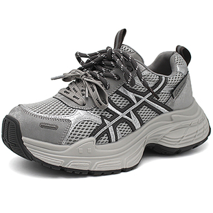 奥康女鞋2026春款休闲系带厚底网面老爹鞋女单鞋9262122017灰色