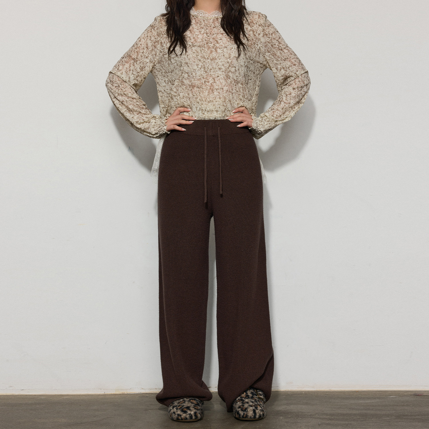 蕾蕾【慵懒万搭王！】宽边全松紧高腰针织阔腿休闲裤