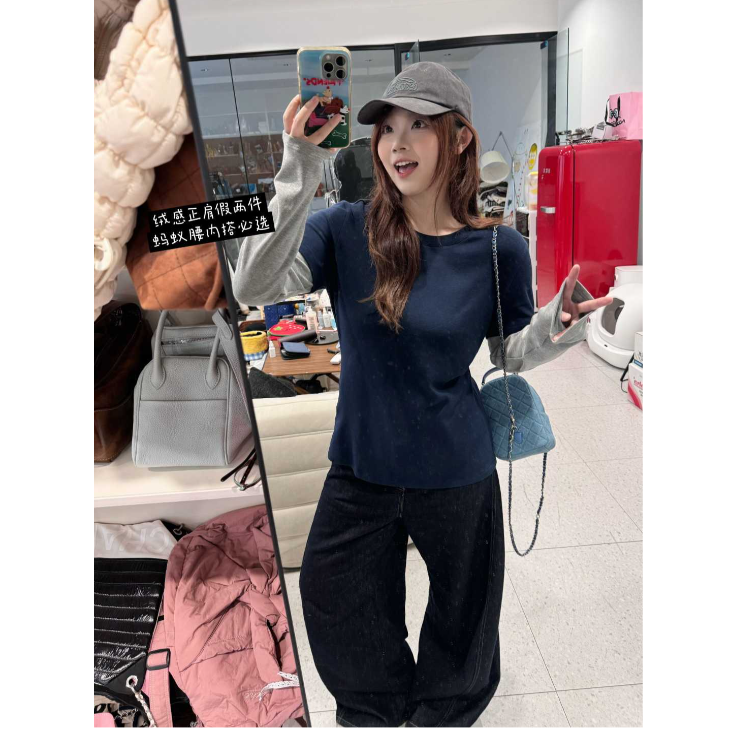 蕾蕾【随心所欲！】宽松假两件撞色拼接袖圆领T恤上衣