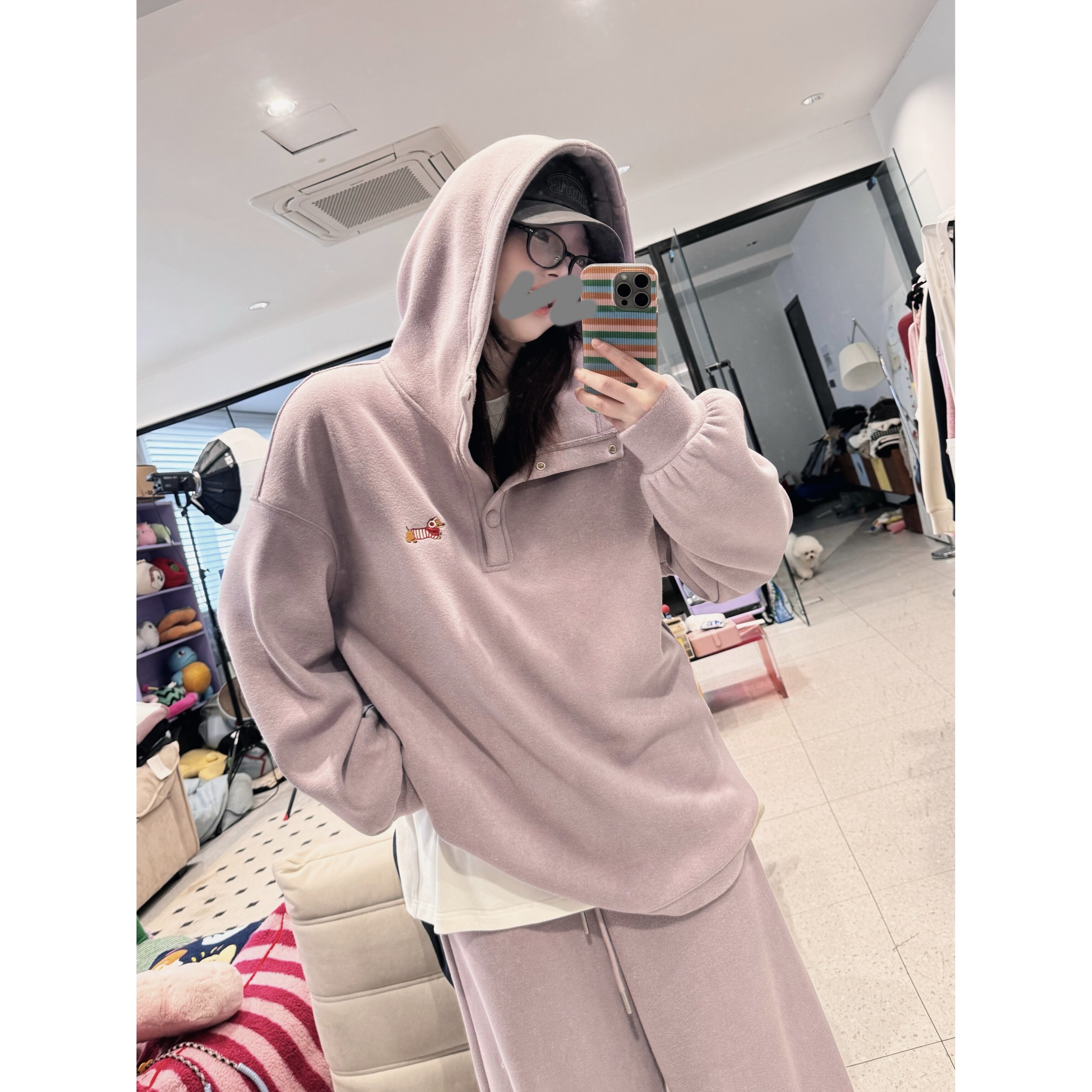 蕾蕾【季节实况！】胸前腊肠狗刺绣连帽卫衣全松紧高腰抽绳休闲裤