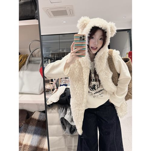 蕾蕾【可可小熊！】韩系圈圈毛连帽无袖马甲外套