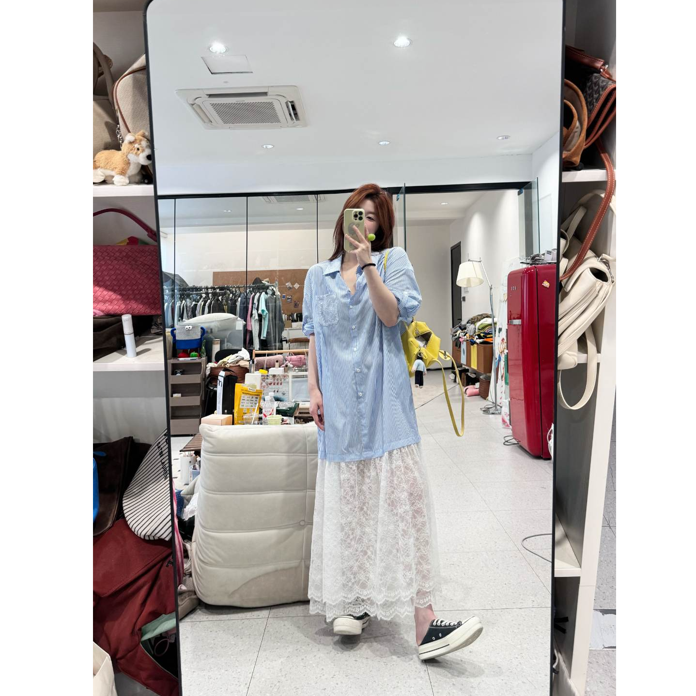 蕾蕾【清风南意】韩版假两件下摆拼蕾丝竖条纹衬衫连衣裙
