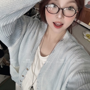 外套 韩系宽松V领单排扣针织开衫 蕾蕾 海盐气泡水