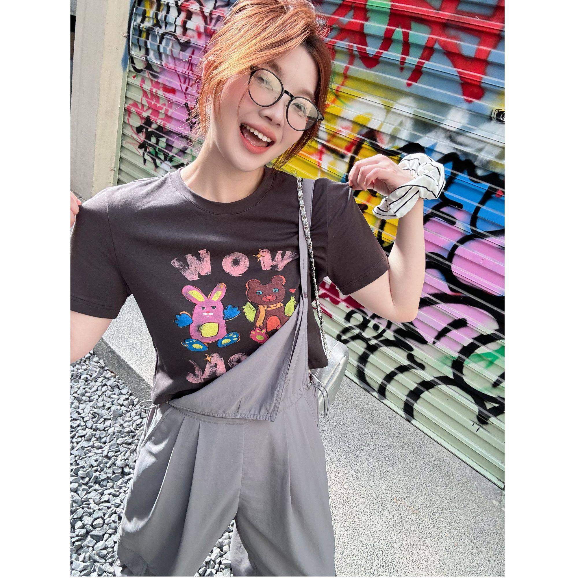 蕾蕾【童趣系列】卡通印花圆领短袖短版T恤上衣夏季休闲