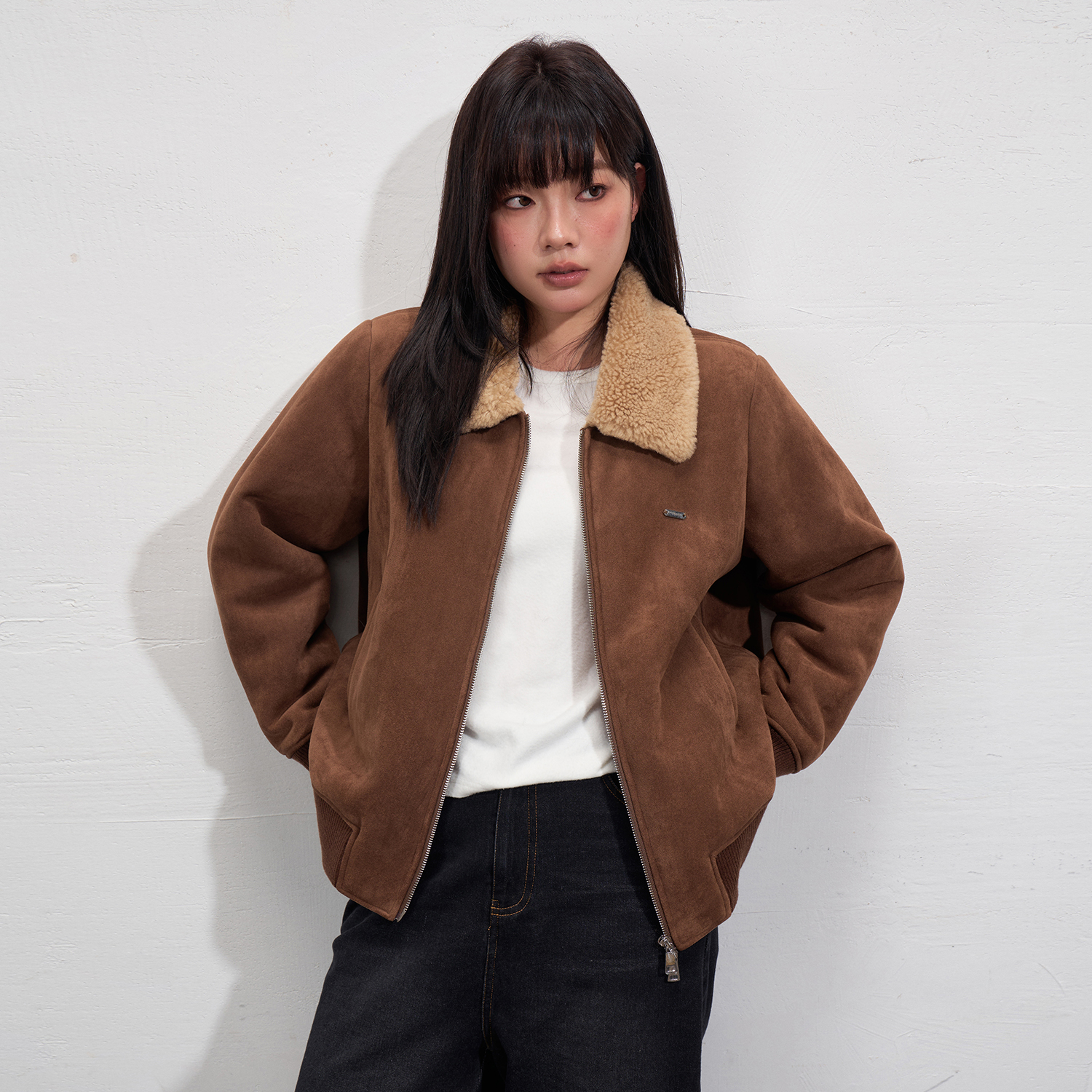 蕾蕾【冬日序言】气质麂皮绒羔羔毛翻领夹克外套冬季短款