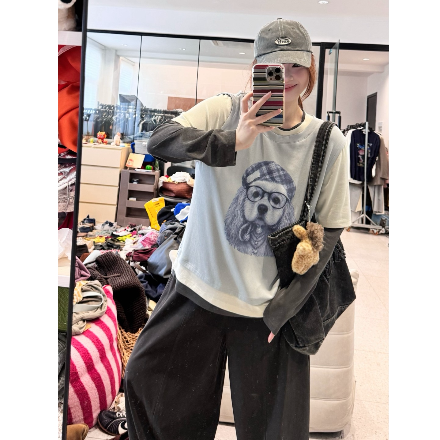 蕾蕾【贝雷帽小狗】韩系撞色拼接假三件小狗图案圆领上衣