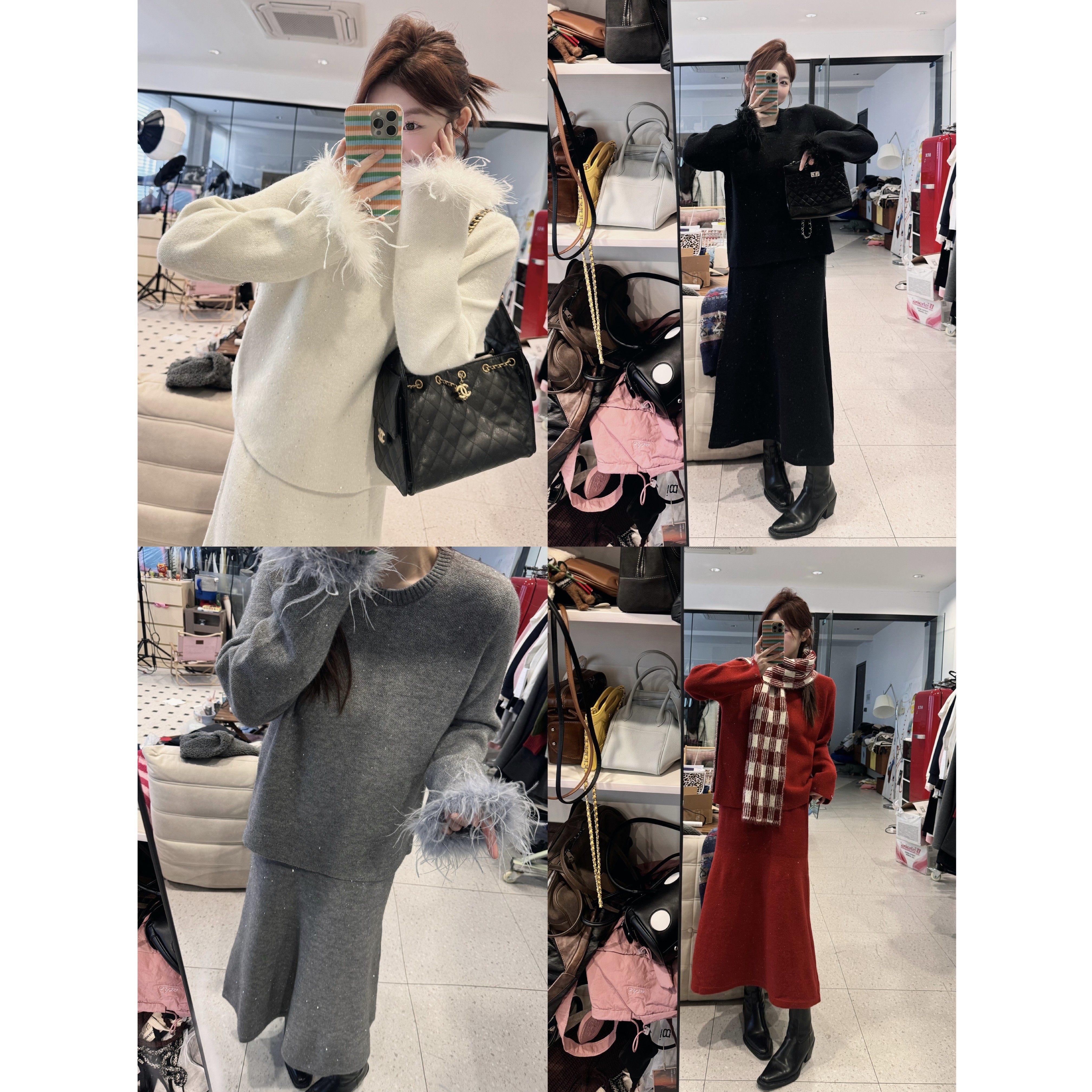 蕾蕾【财阀千金】名媛风袖口拼毛圆领毛衣+全松紧高腰A字半身长裙