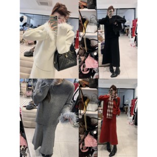 口拼毛圆领毛衣 名媛风袖 全松紧高腰A字半身长裙 财阀千金 蕾蕾