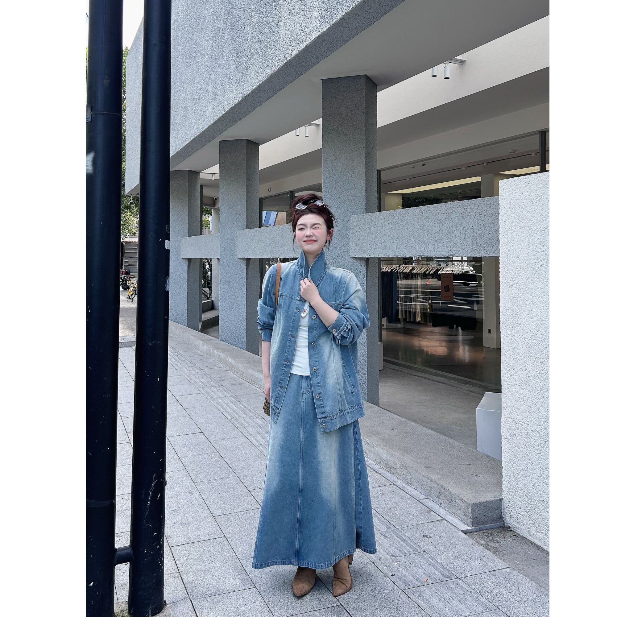 蕾蕾【酷女孩！】美式复古水洗宽松牛仔外套后半截松紧高腰半身裙