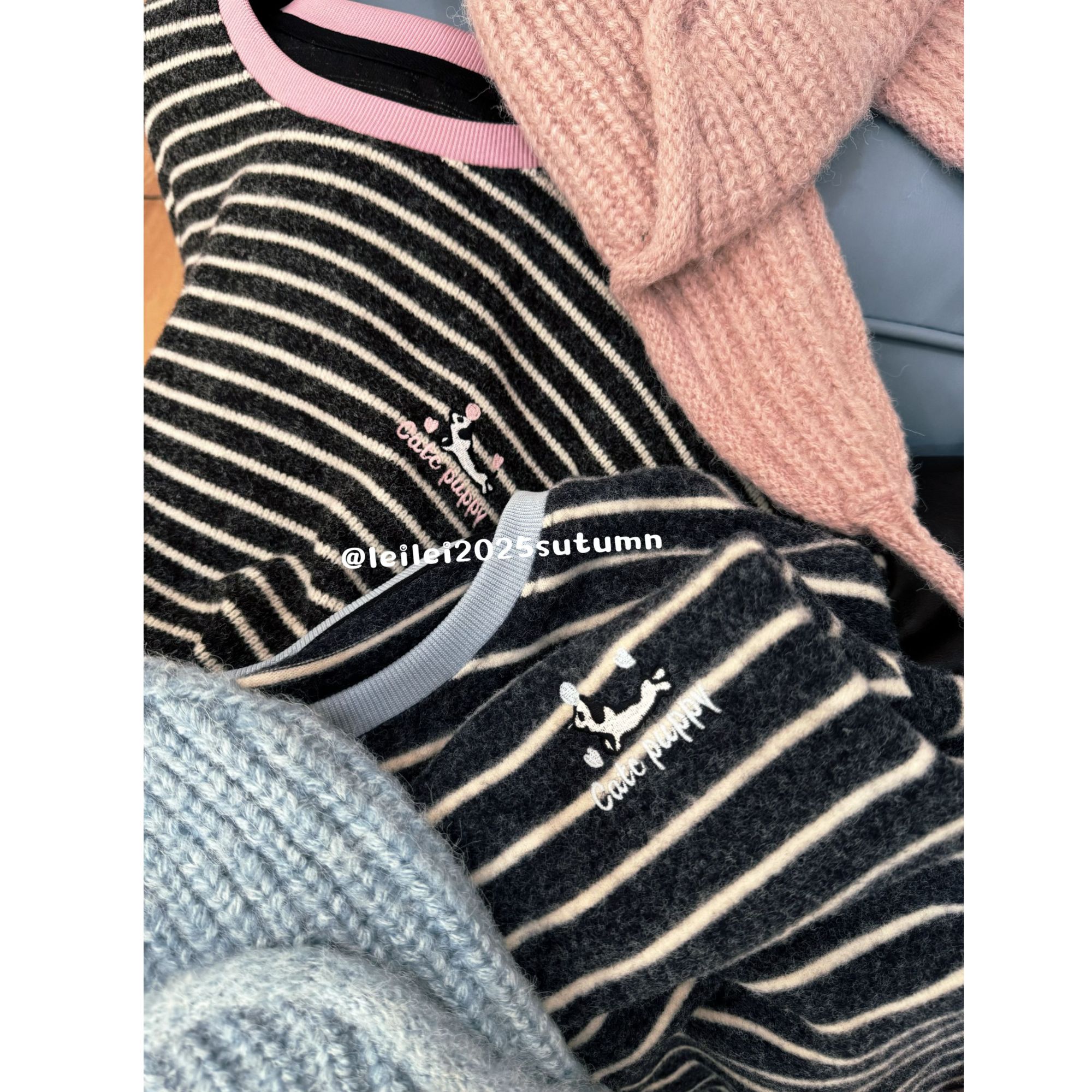 蕾蕾【线谱daily】撞色领口宽松条纹上衣+高腰抽绳阔腿直筒休闲裤