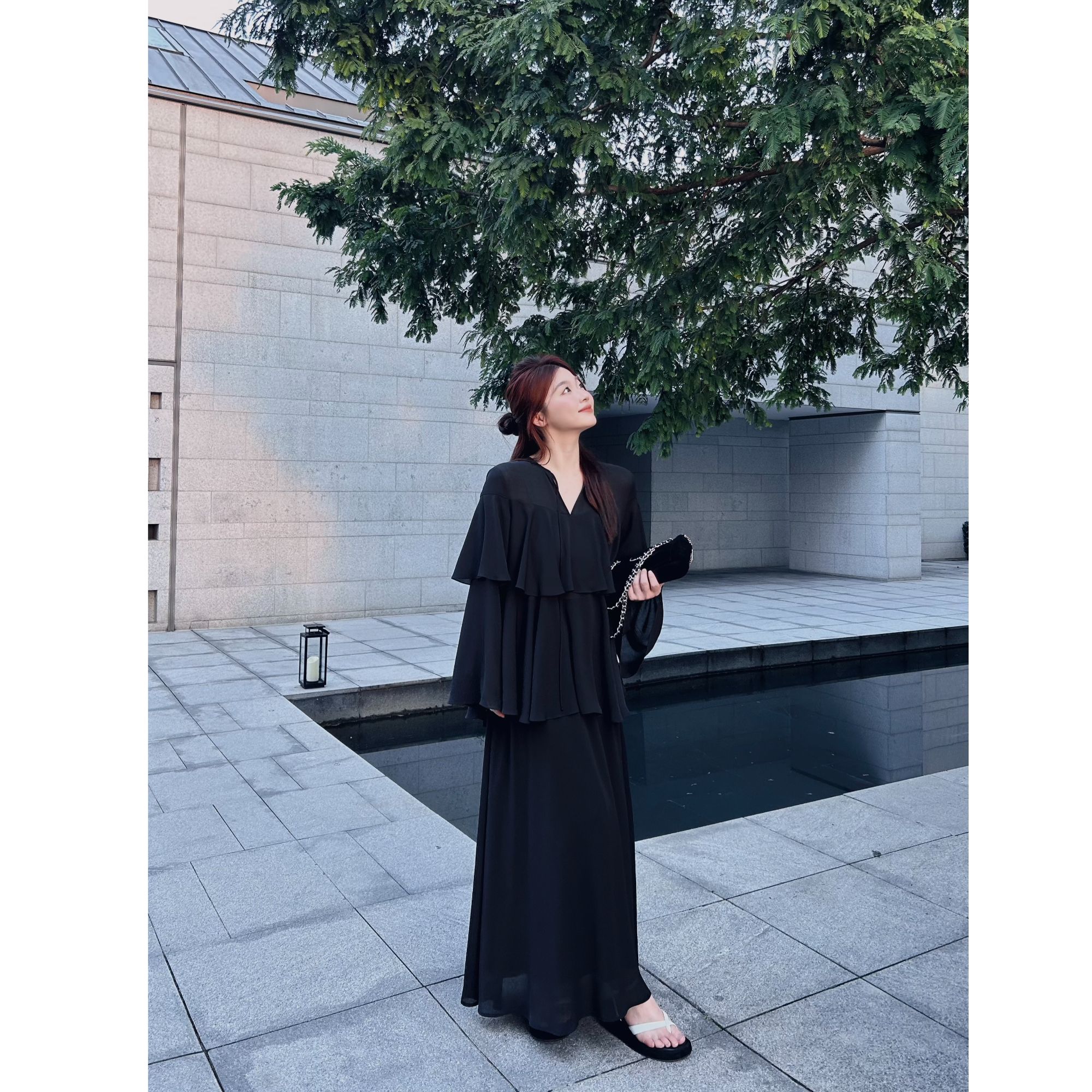 蕾蕾【心动时刻】荷叶边系带圆领长袖上衣+全松紧高腰A字半身裙