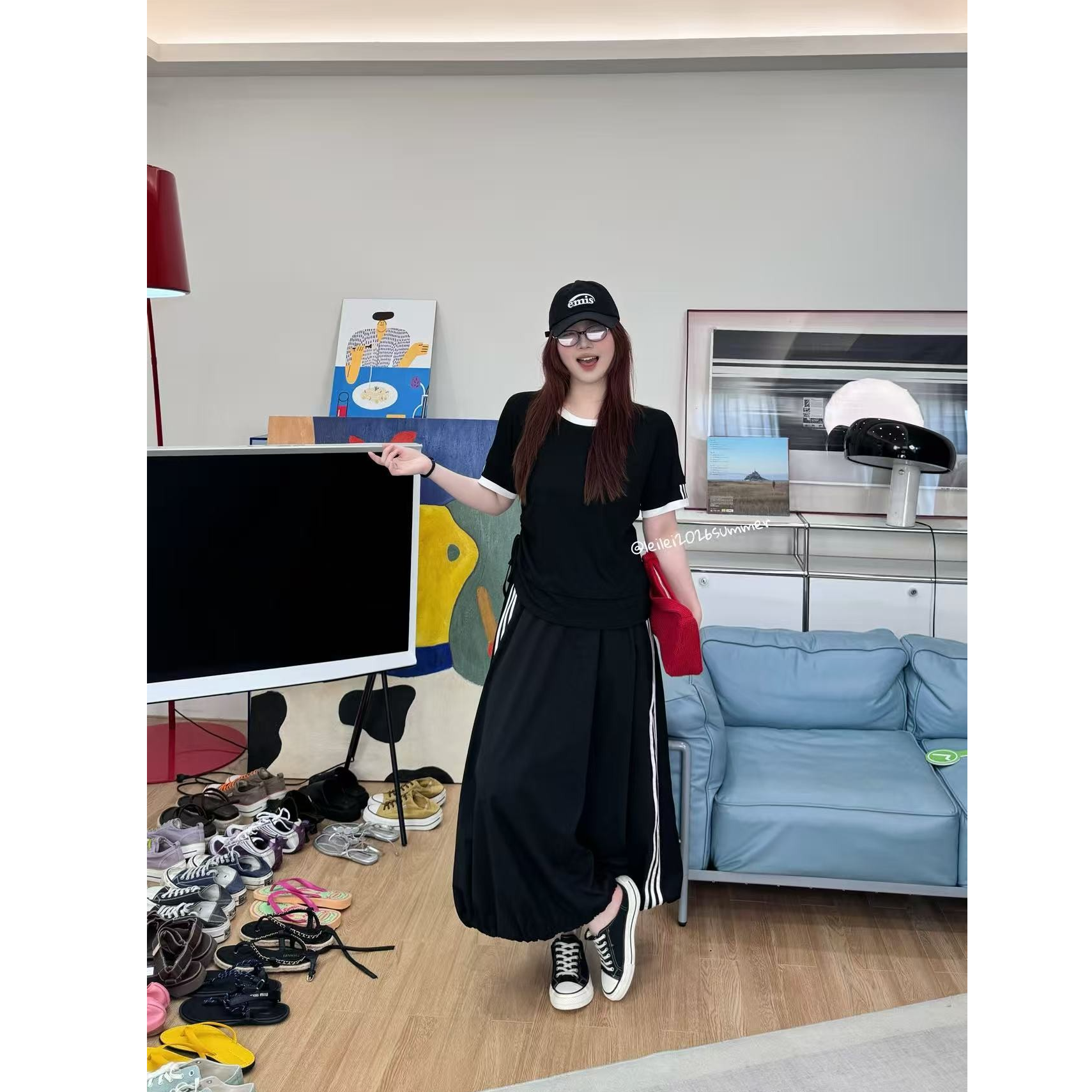 蕾蕾【轻享青春】韩系假两件撞色拼接圆领短袖上衣
