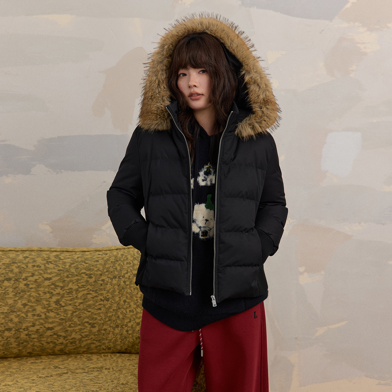 蕾蕾【软心面包】冬季连帽大毛领宽松保暖羽绒服外套