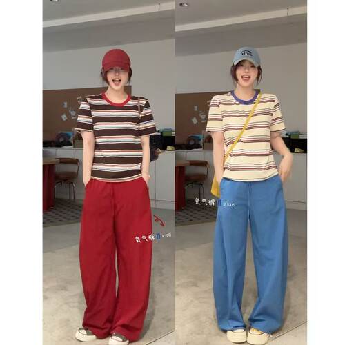 蕾蕾【氧气裤！】松弛感全松紧高腰纯色抽绳弯刀休闲裤