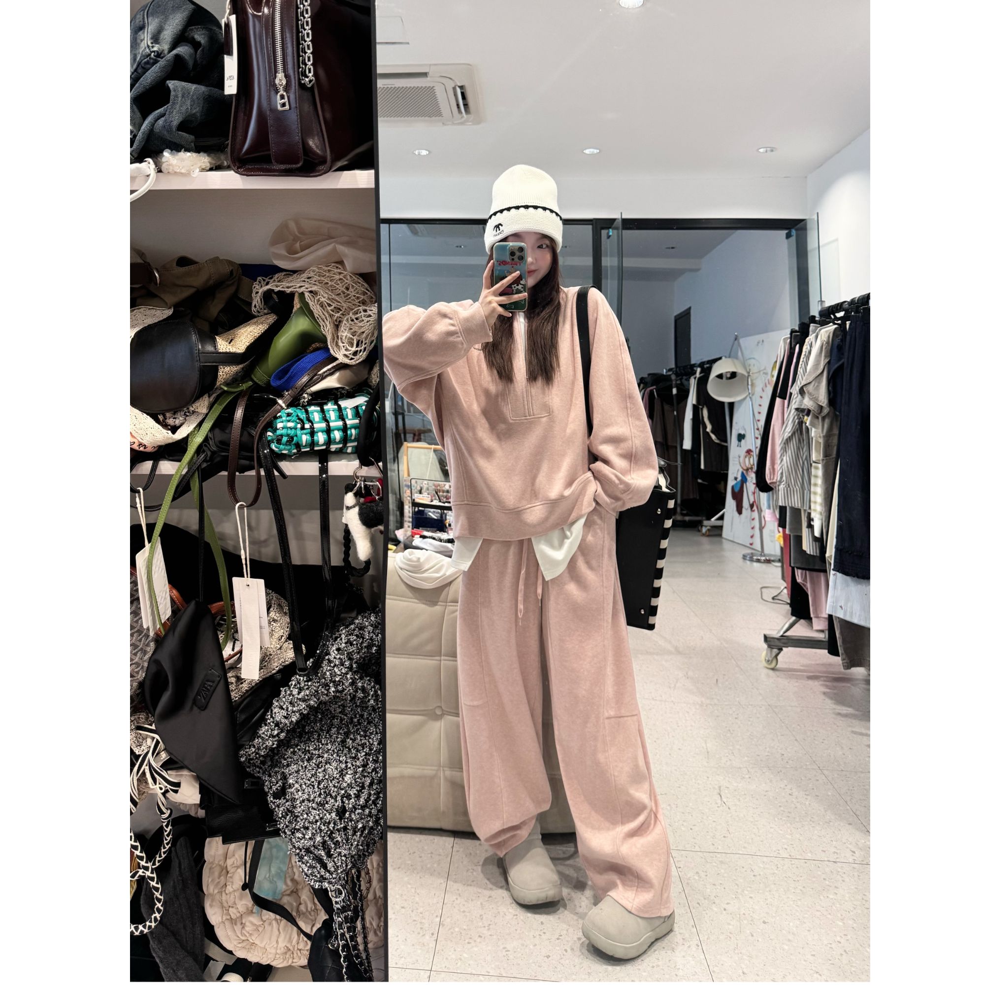 蕾蕾【胶囊系列】半拉链慵懒套头卫衣全松紧腰抽绳立体结构休闲裤