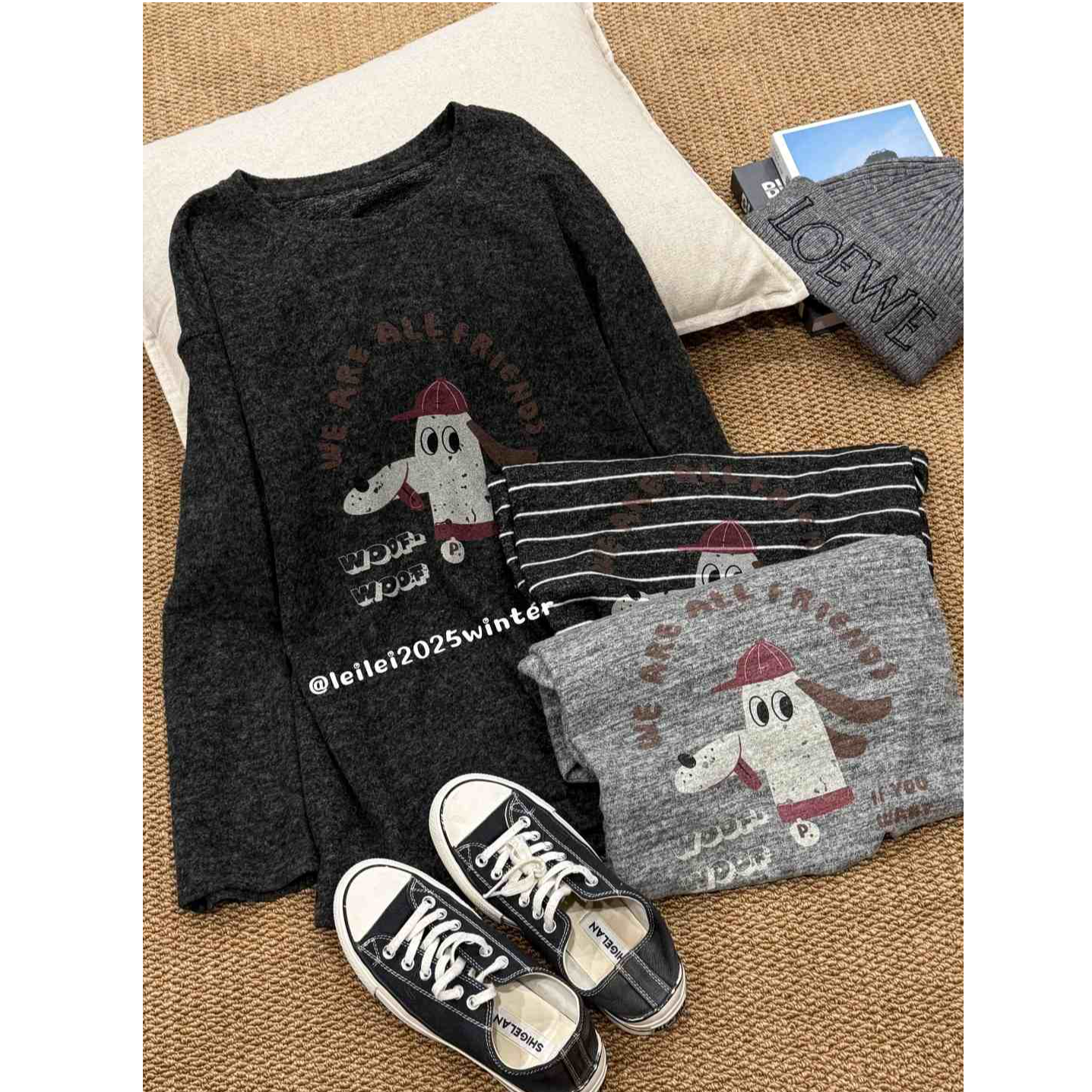 蕾蕾【戴帽小狗！】冬季磨毛感宽松圆领小狗图案大版T恤上衣