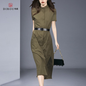 时尚军绿色衬衫连衣裙夏季2025修身气质中长款轻熟风A字裙子清仓