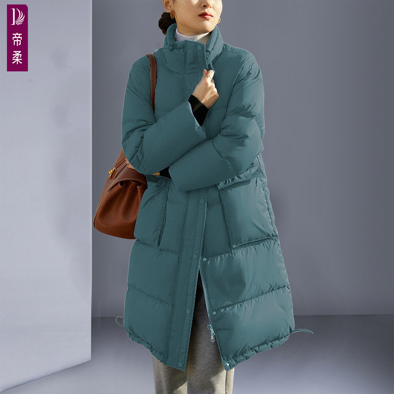 帝柔立领中长款羽绒服女宽松白鸭绒保暖云朵外套2025冬季新款蓝色