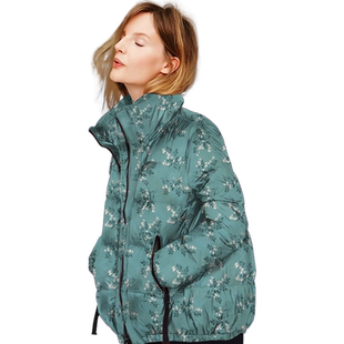 2025年冬季新款时尚印花羽绒服女短款加厚保暖外套大码潮牌青绿色