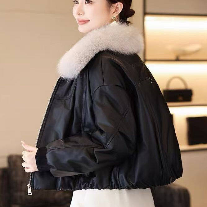 海宁2025冬新款真皮羽绒服女短款狐狸毛领绵羊皮皮衣宽松加厚外套,女装/女士精品,皮衣,淘宝优惠券,粉丝福利购,淘宝优惠卷