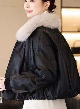 海宁2025冬新款真皮羽绒服女短款狐狸毛领绵羊皮皮衣宽松加厚外套