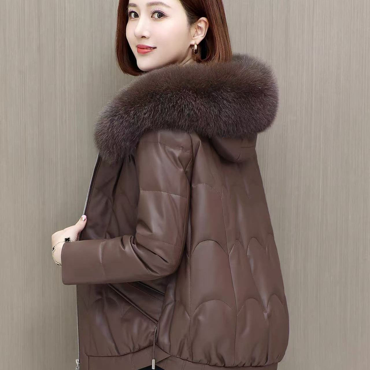 海宁真皮羽绒服女短款狐狸毛领绵羊皮夹克外套2025冬新款皮衣保暖