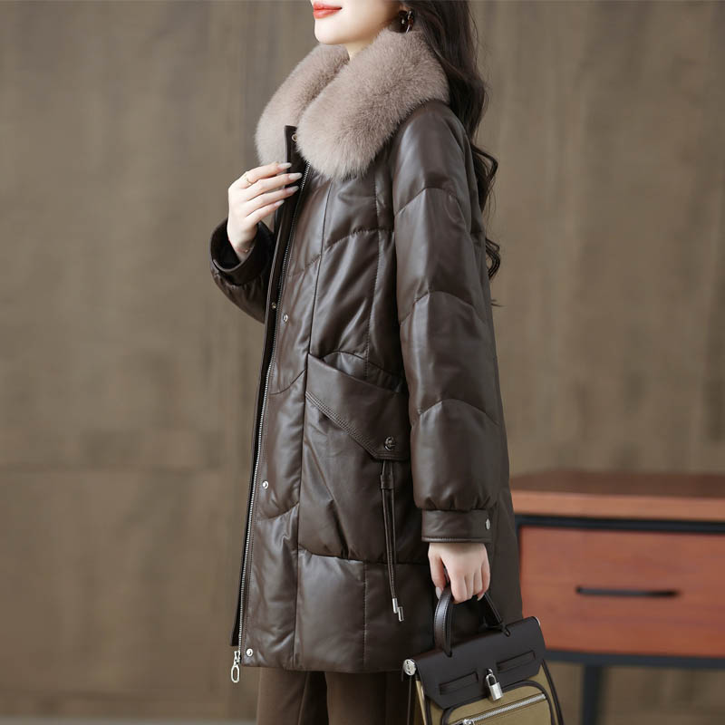 绵羊皮皮衣女中长款真皮羽绒服