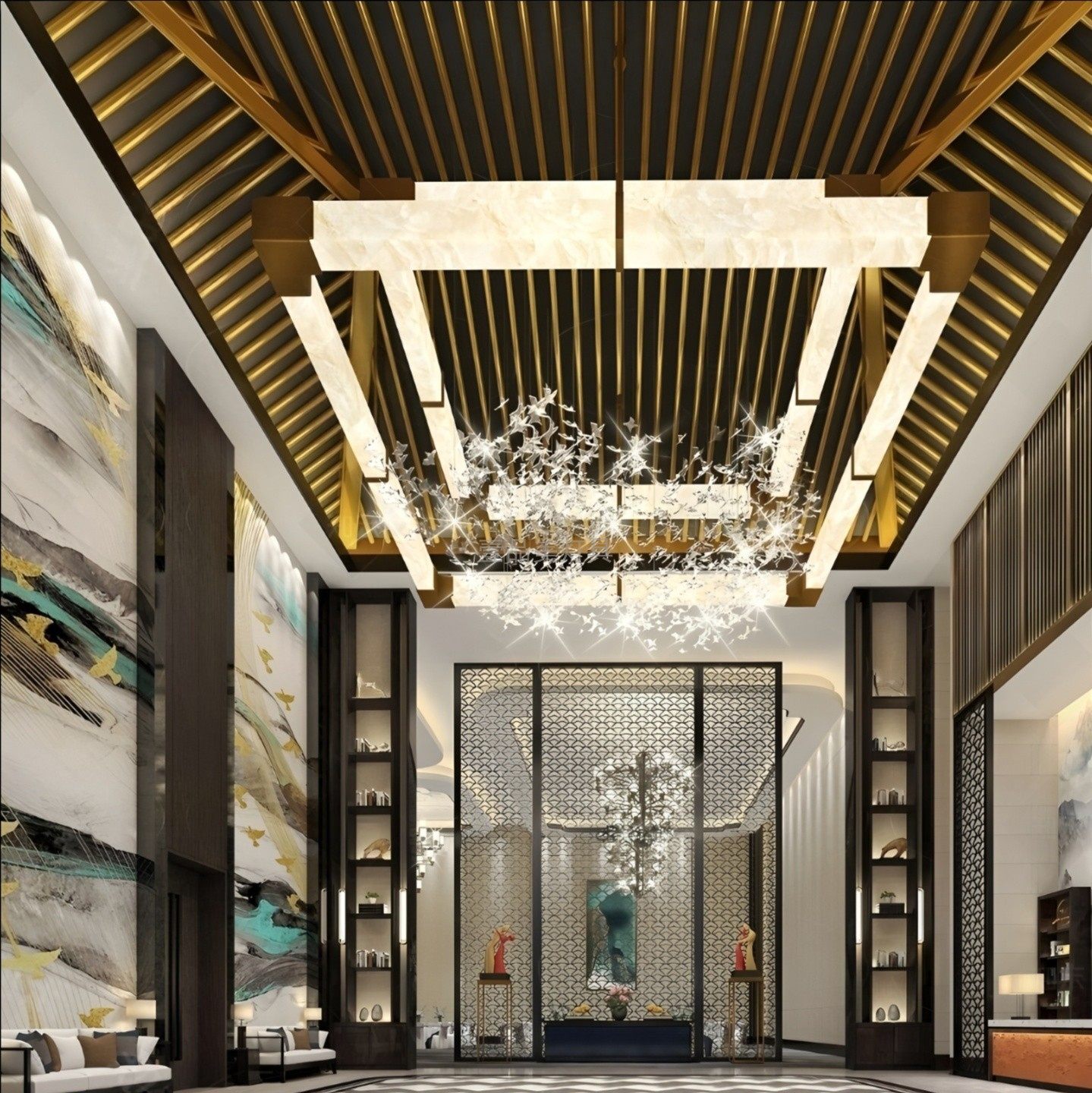 新中式酒店大堂会所KTV别墅高档过道宴会厅仿云石吸顶定制吊灯具