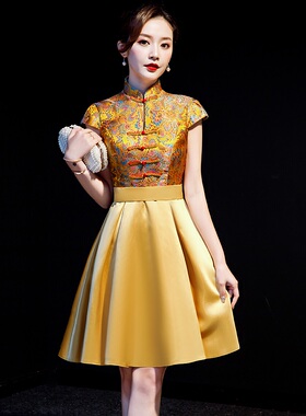 紫缘萱小个子主持人朗诵改良旗袍短款黄色宴会晚礼服舞台演出服女
