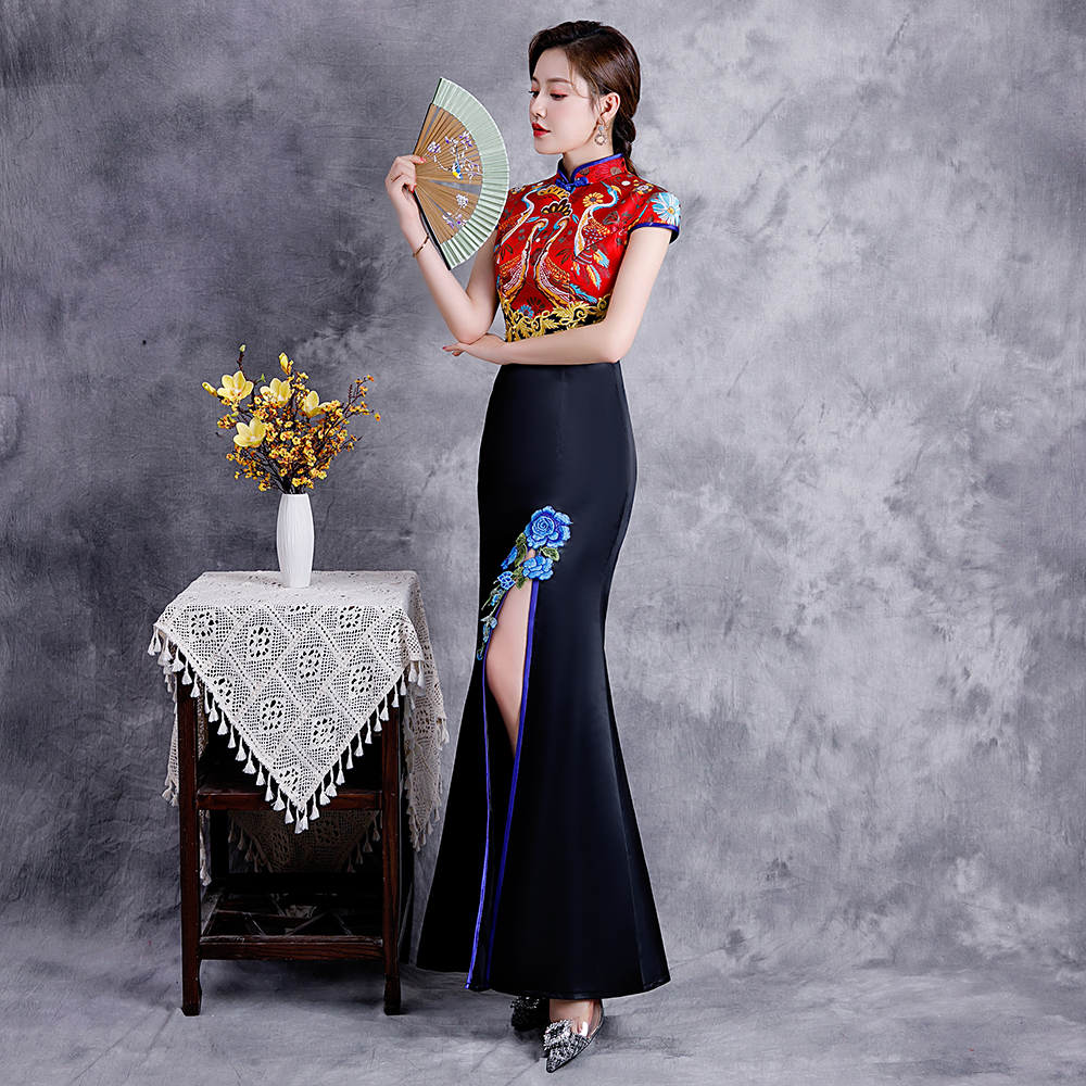 紫缘萱风式撞色修身鱼尾庆典旗袍