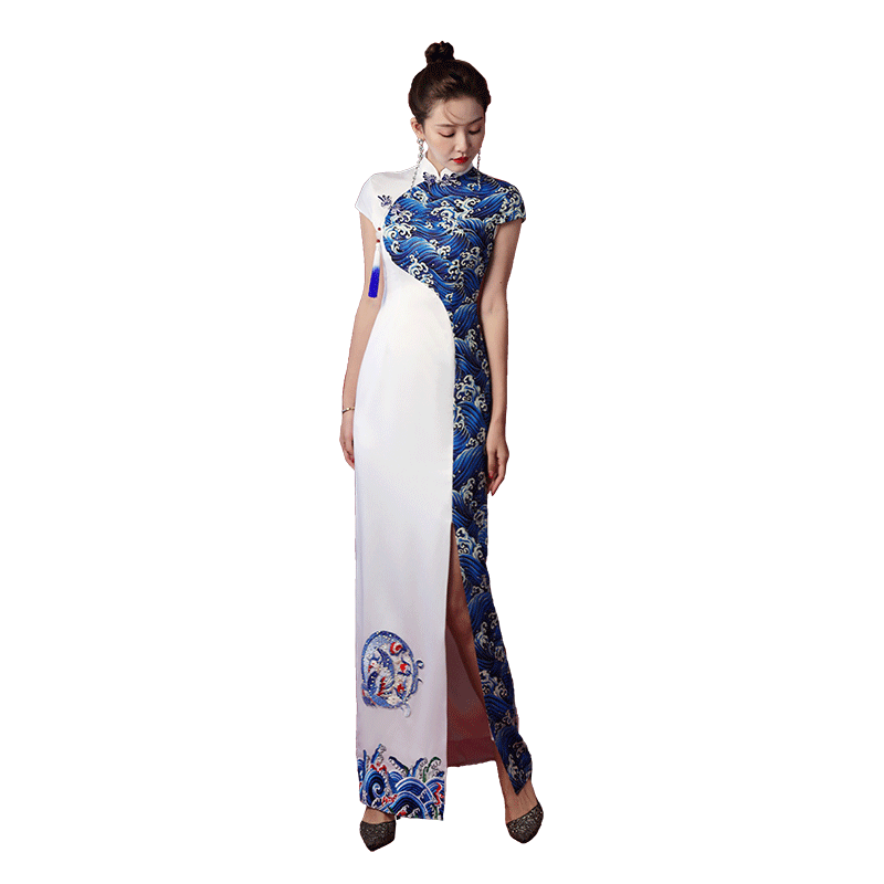 紫缘萱中国风式长款礼服改良旗袍宴会晚装模特走秀团体演出服舞台