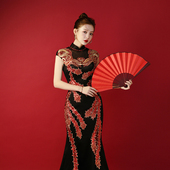 紫缘萱高档黑色晚礼服重工绣花T台走秀表演出节目主持修身 鱼尾裙