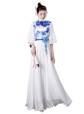 紫缘萱中国风长款印花演出礼服