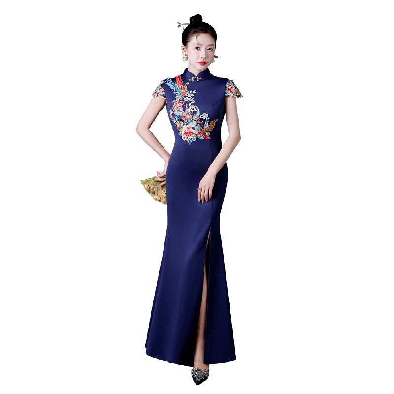 紫缘萱中国风鱼尾开叉演出礼服
