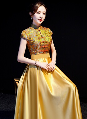 紫缘萱中式晚礼服长款黄色刺绣改良旗袍团队舞台演出修身主持朗诵