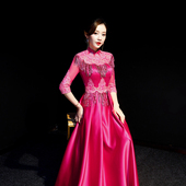 紫缘萱长款 模特走秀团队大合唱舞台演出服显瘦 晚礼服玫红色五分袖