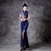 新中式 国风长款 鱼尾开叉礼服模特团体走秀舞台表演出服显瘦旗袍裙