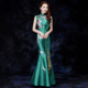 气质年会主持 鱼尾旗袍模特团队走秀演出服修身 中式 晚礼服绿色长款