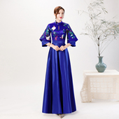 显瘦秋 晚礼服蓝色模特走秀团队演出服修身 紫缘萱中式 旗袍改良长款