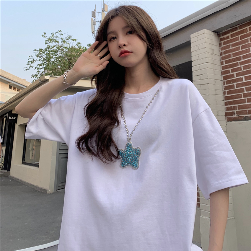 Real price 2021 new hot diamond necklace short sleeve net red T-shirt women's loose Summer Fashion Top trend