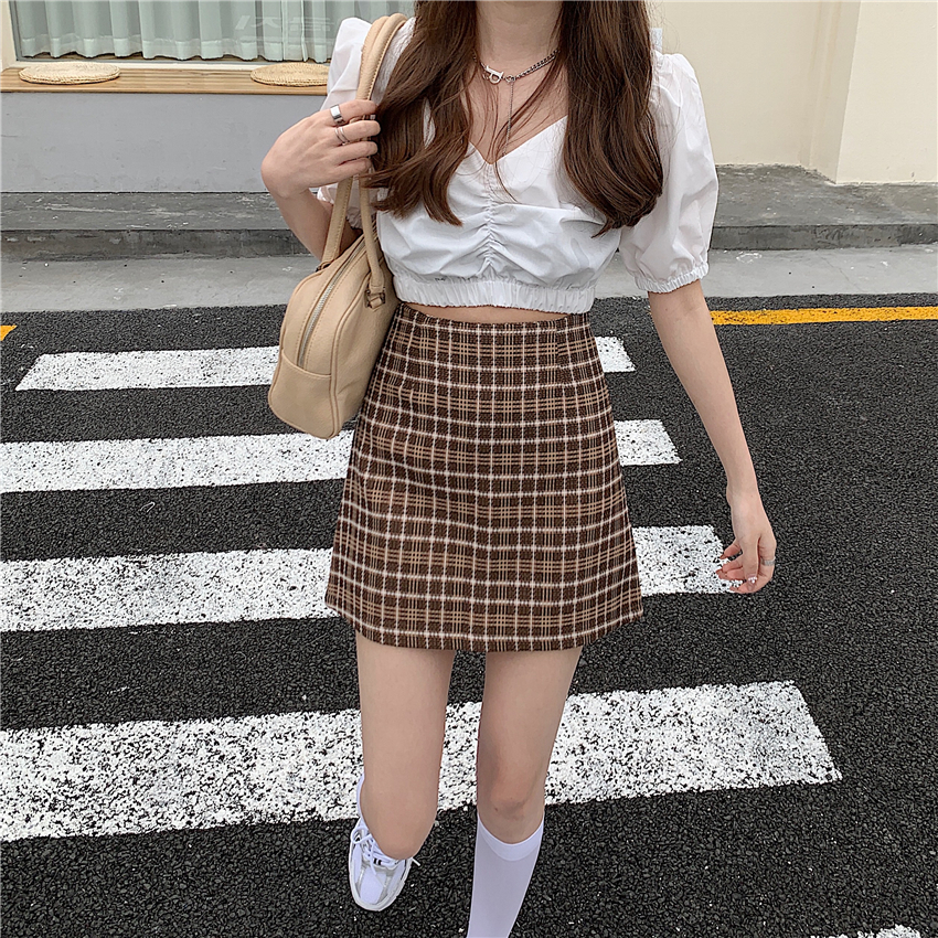 Spring and summer new Hong Kong style high waist Plaid short skirt