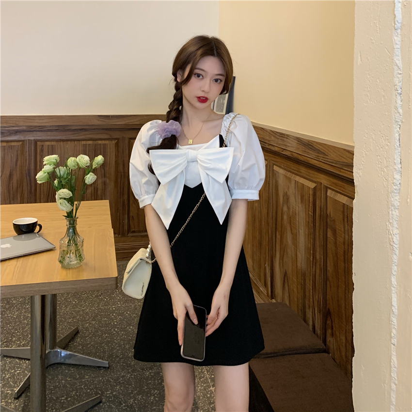 Real price square neck bow dress women's 2021 summer new French retro waist A-line dress