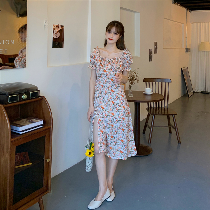 Real price 2021 new style square collar lace dress short sleeve French sweet orange floral bubble sleeve long skirt