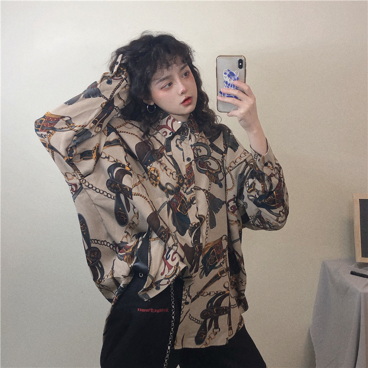 Real price 2021 spring silky soft Chiffon Vintage personalized chain printed shirt