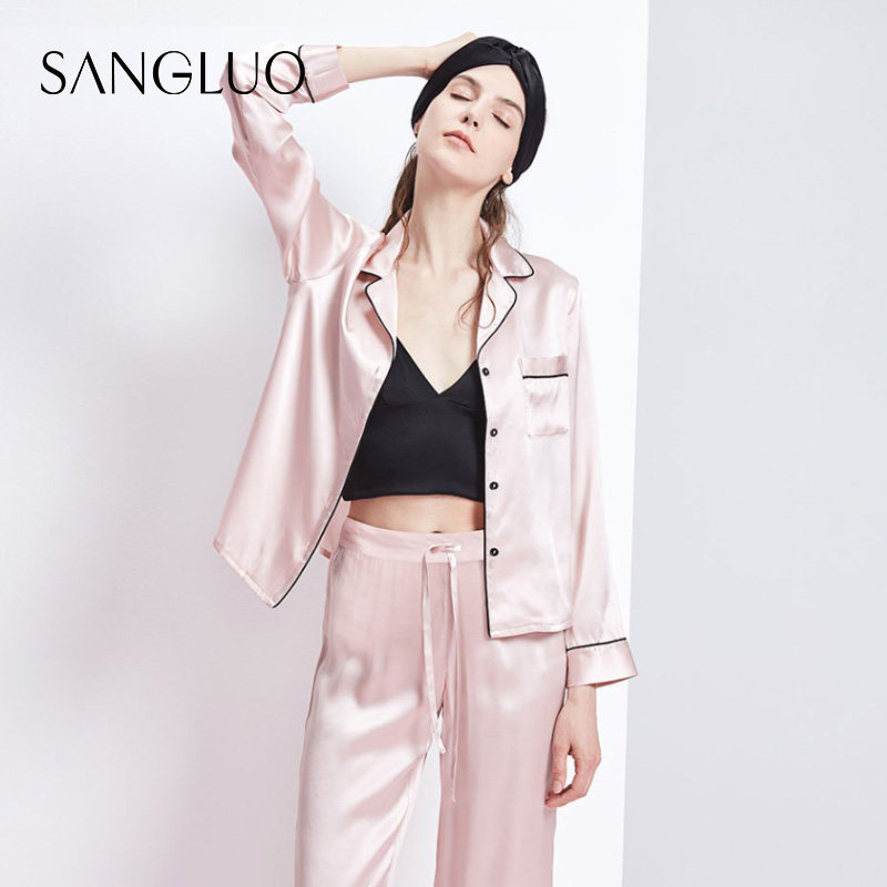 简约外穿家居服套装桑罗女秋冬桑蚕丝两件套19姆米长袖真丝绸睡衣