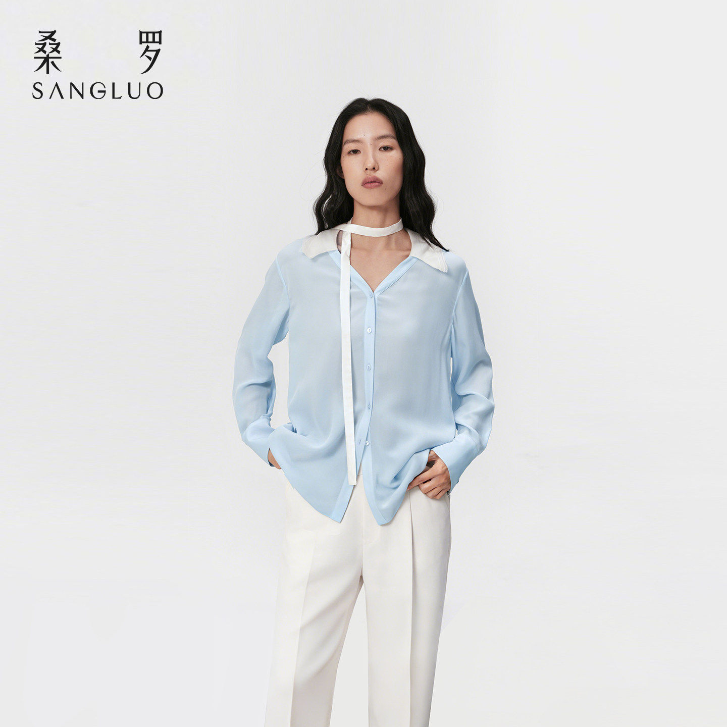 桑罗100%桑蚕丝通勤长袖衬衫图片